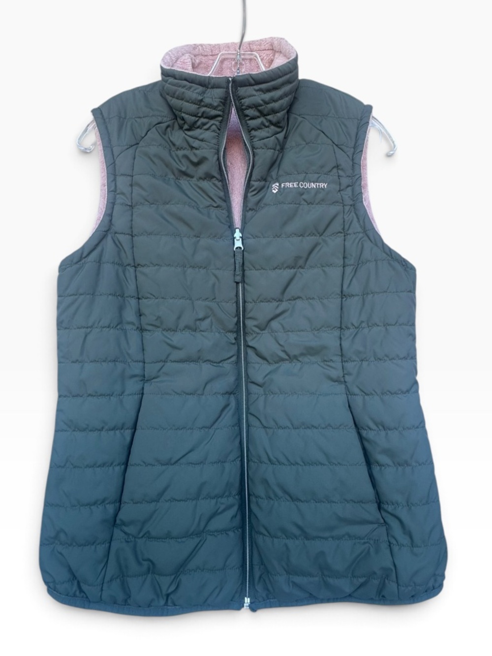 Free Country Reversible Quilted Puffer Vest Olive Green & Pink Fleece Lined Sz M